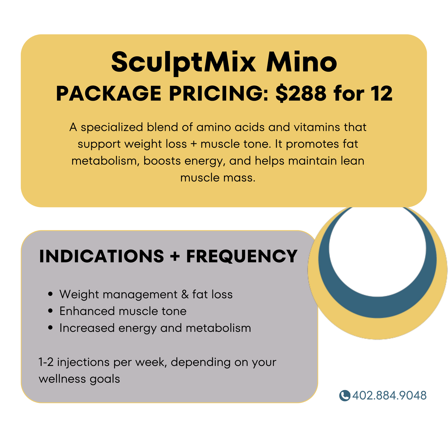 SculptMix Mino: 12-Pack vitamin injection from BodySculpt by Sakoon, designed for Omaha clients seeking ongoing support for weight loss, muscle tone, and energy levels with a blend of amino acids and vitamins.