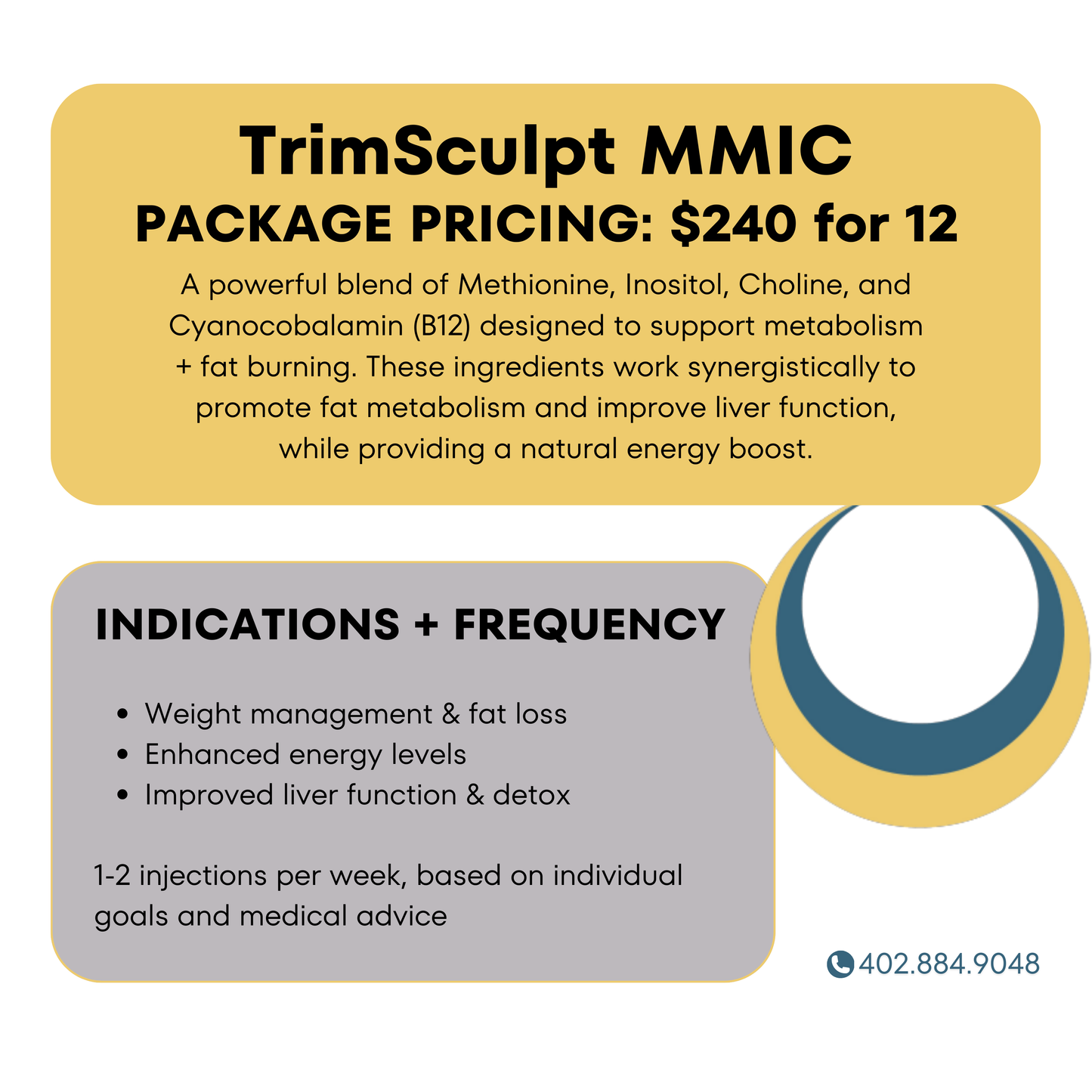 TrimSculpt MMIC: Injection package from BodySculpt by Sakoon, vitamins designed for Omaha clients seeking fat loss, increased energy, and liver detoxification with Methionine, Inositol, Choline, and B12.