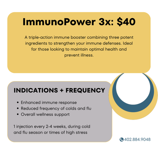 ImmunoPower 3x: Single vitamin injection from BodySculpt by Sakoon, designed for Omaha clients seeking enhanced immune response, cold and flu prevention, and overall wellness support with a potent triple-action formula.